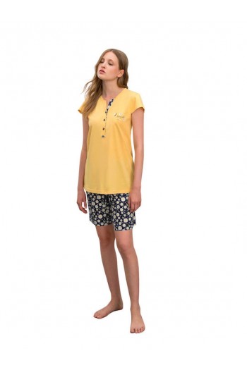 VAMP 16202, Γυναικεία Πυζάμα με βαθιά πατιλε΄τα,  βερμούδα παντελόνι και κοντομάνικο μπλουζάκι 